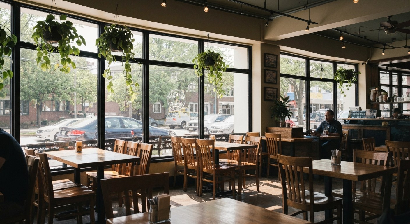 neighborhood cafe interior with wooden tables, large windows and hanging plants, a few customers sea