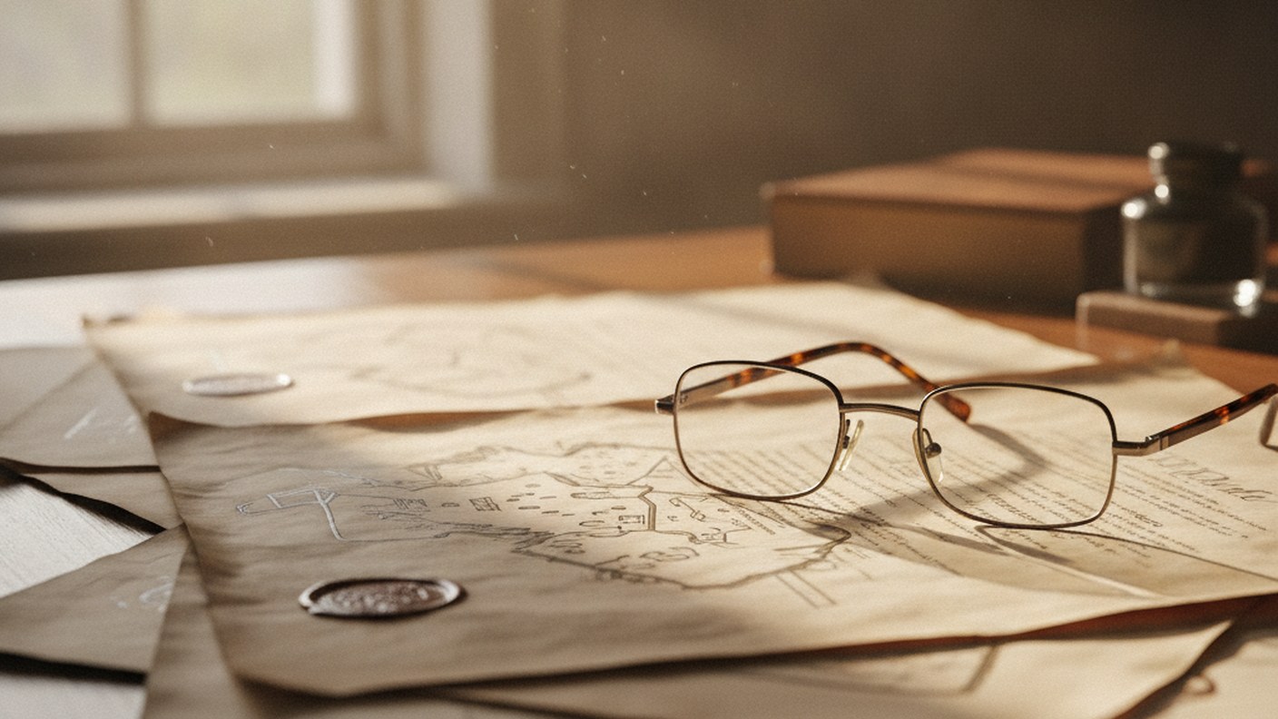 property deed documents and reading glasses on a desk, soft daylight