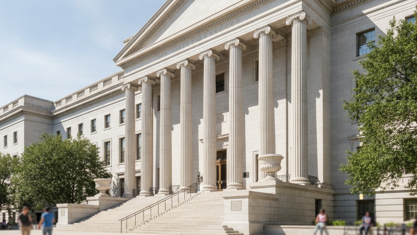 courthouse steps and columns in daylight, wide architectural view