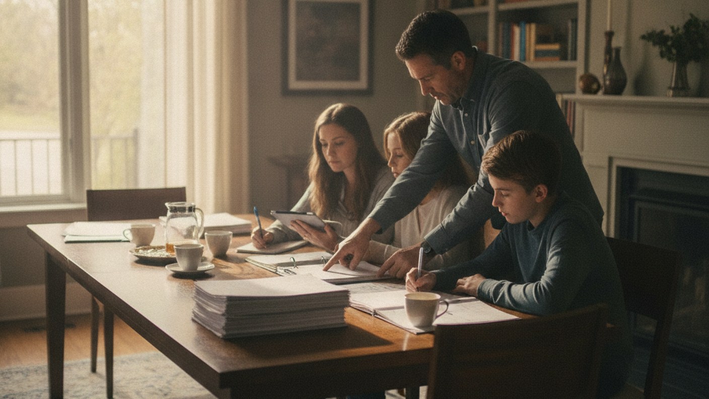family reviewing documents together at a dining table, warm natural light
