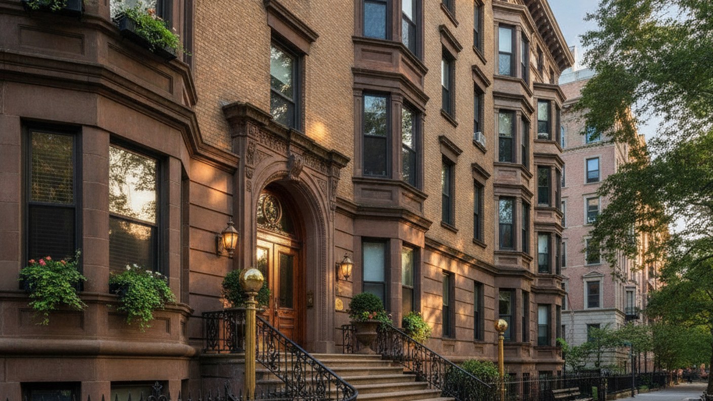 New York residential building facade with entrance steps, clear afternoon light