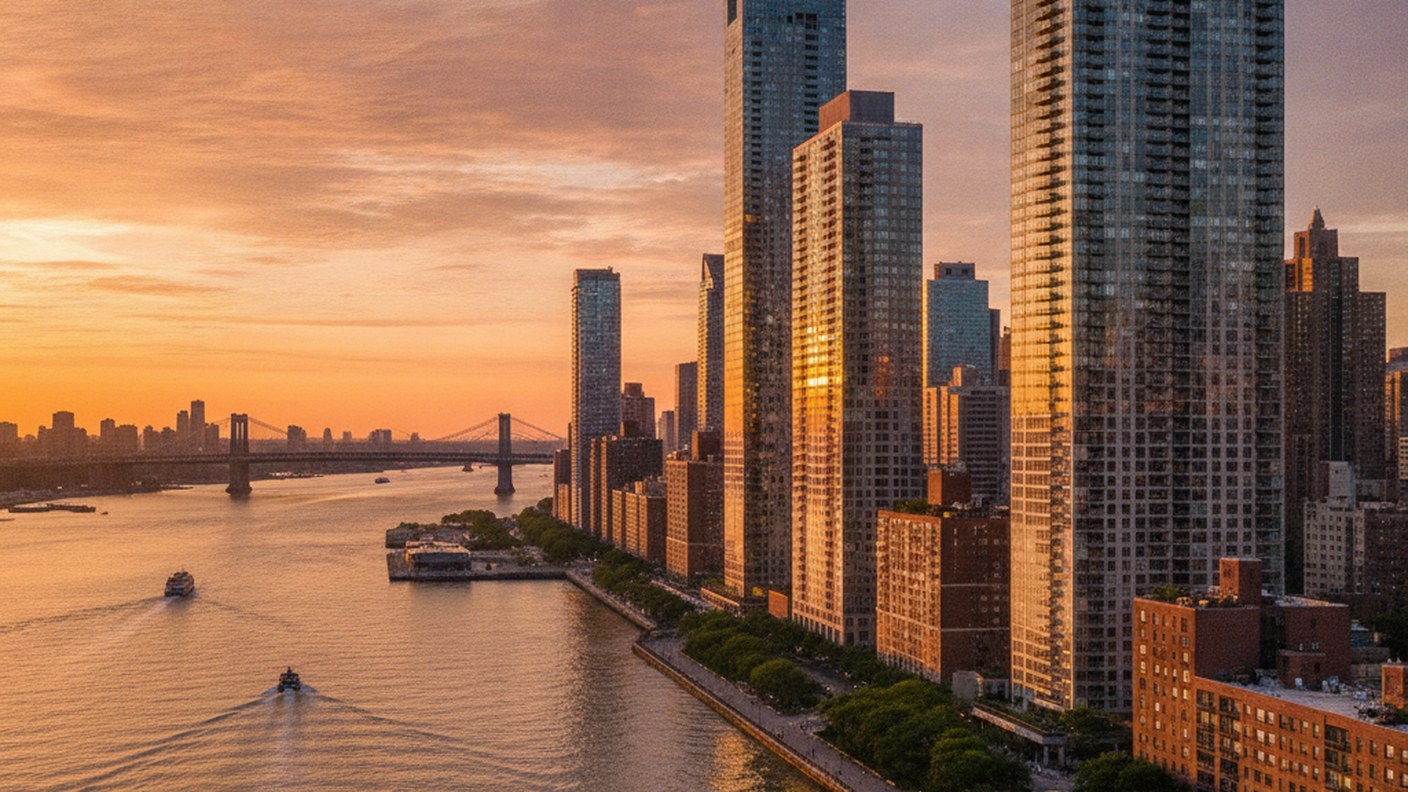 Manhattan skyline with residential towers at golden hour, wide view