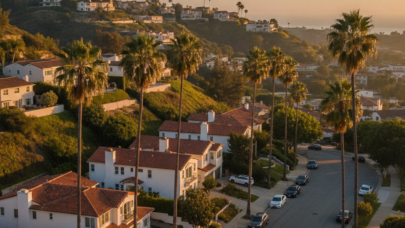 hillside single family homes with palm trees in Los Angeles residential neighborhood, golden hour