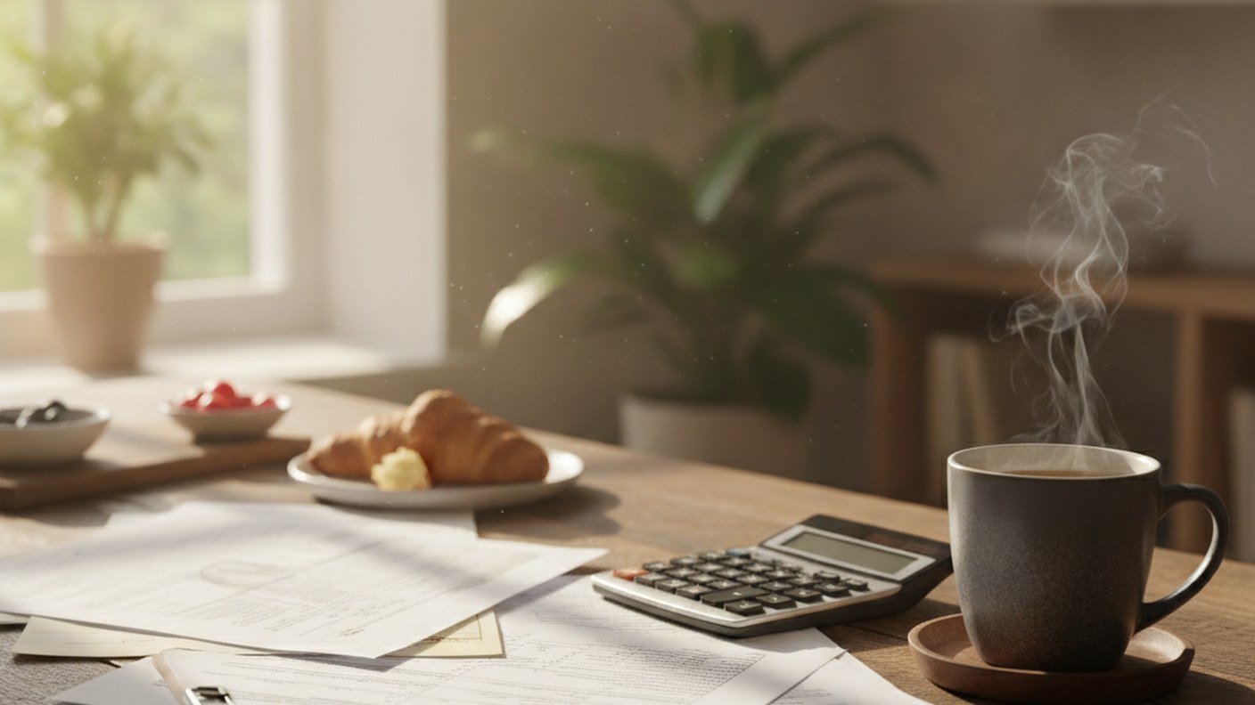 tax documents with calculator and coffee on wooden desk, morning light through window