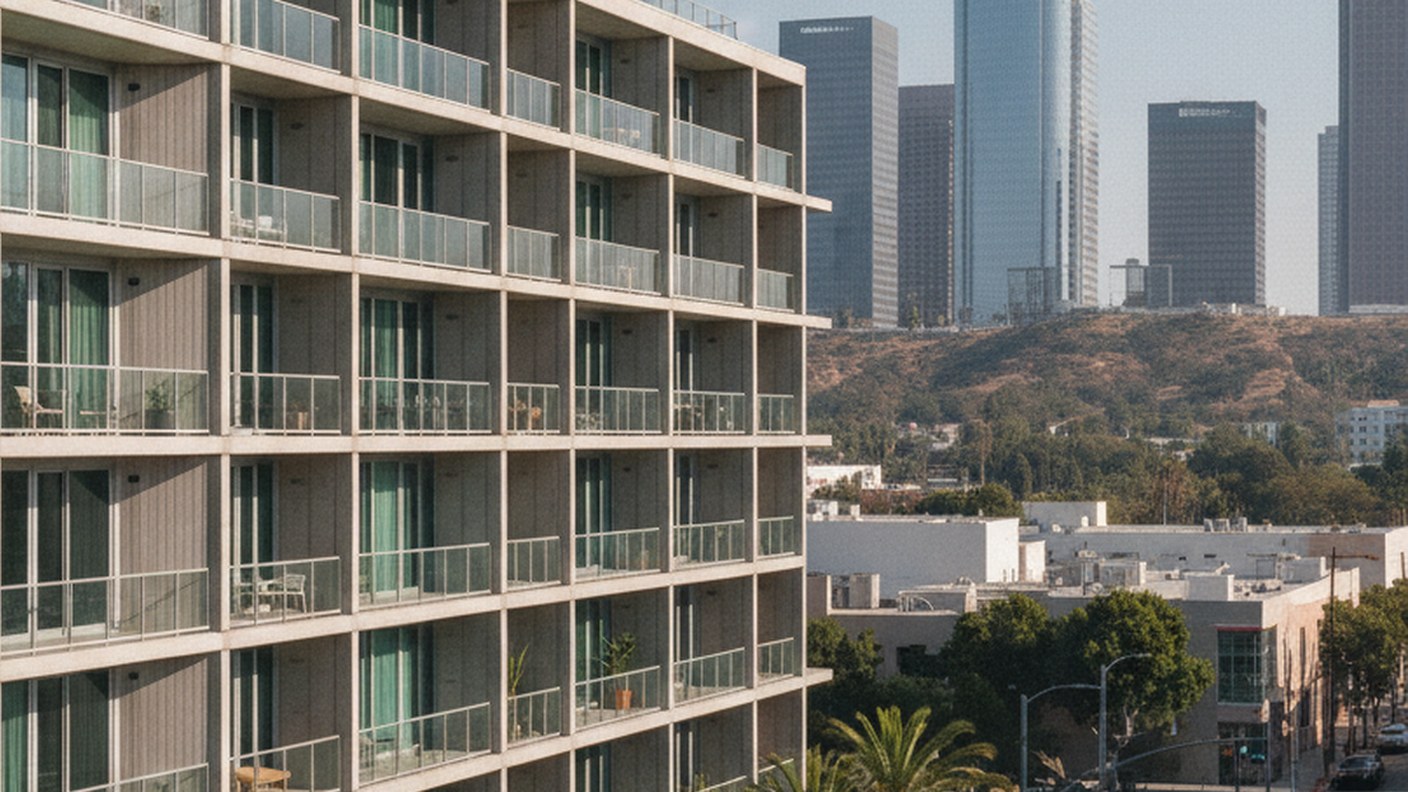 modern apartment building exterior with balconies in urban Los Angeles, clear day