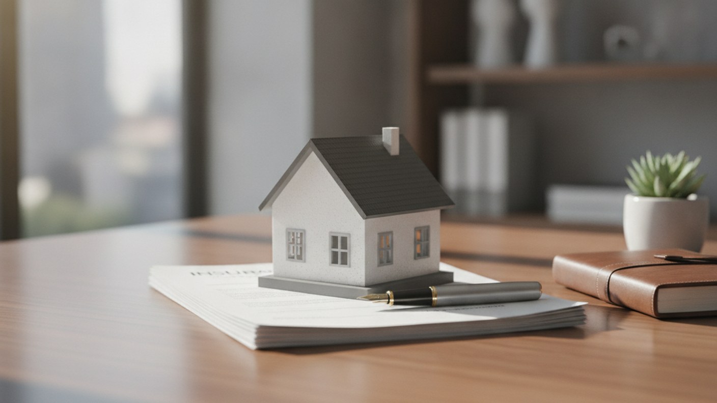 insurance policy documents and model house on desk with pen, professional setting