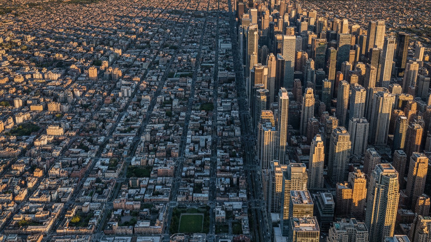 aerial contrast of sprawling city grid and dense vertical skyline, editorial photography