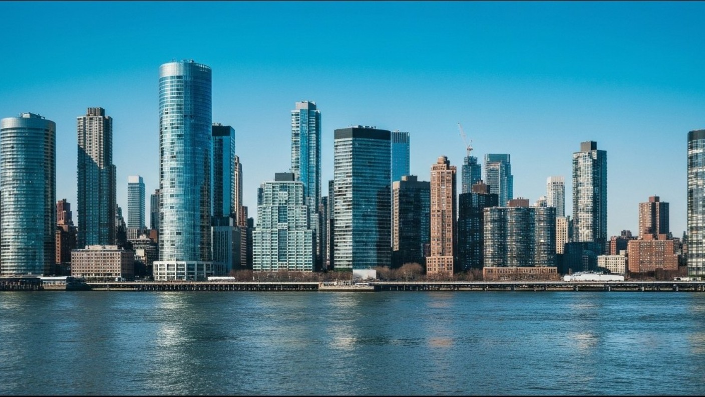 Long Island City waterfront high-rise towers seen from across the East River, blue hour