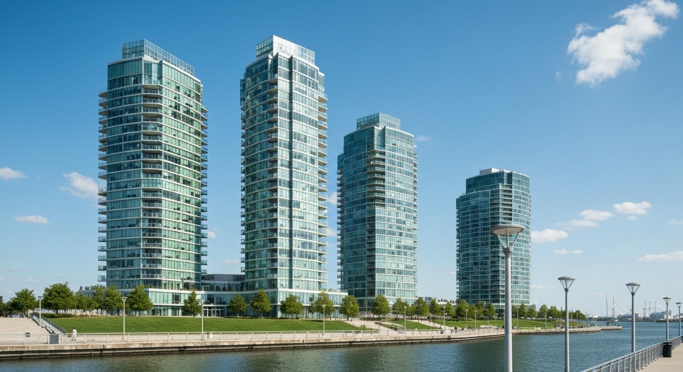 modern glass residential towers with waterfront promenade and park, daytime
