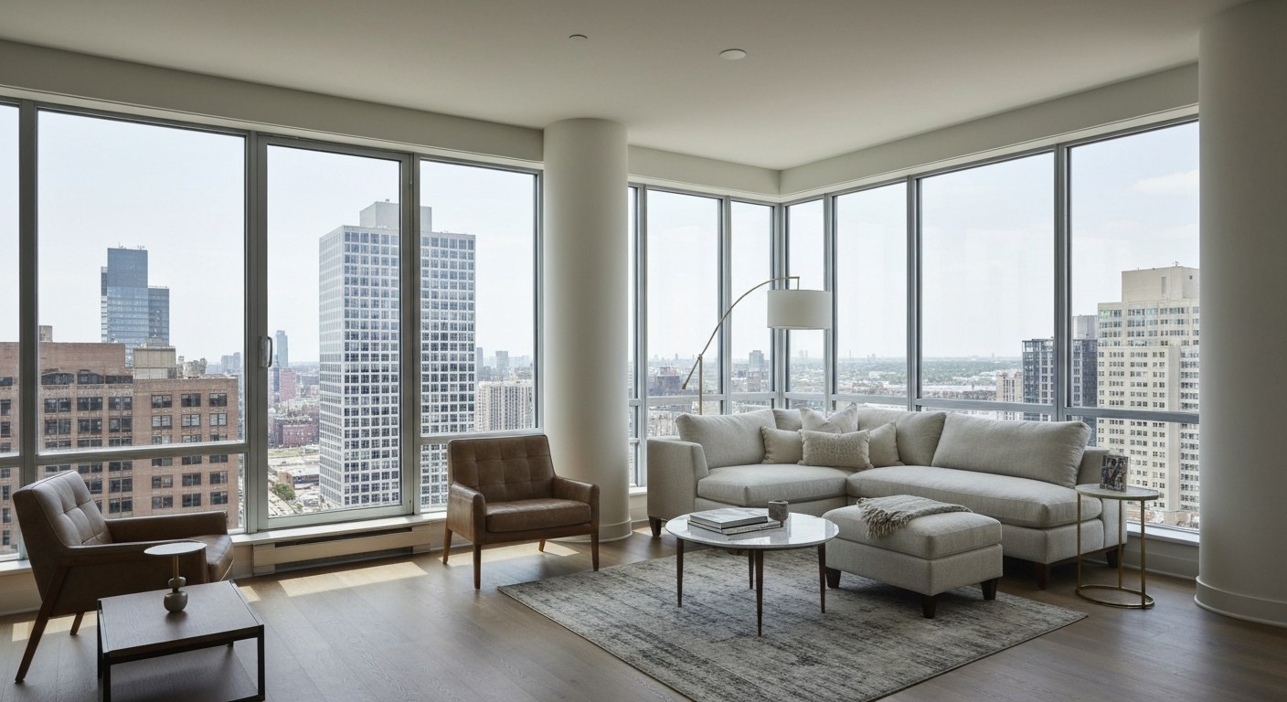 bright modern apartment living room with floor to ceiling windows and city view