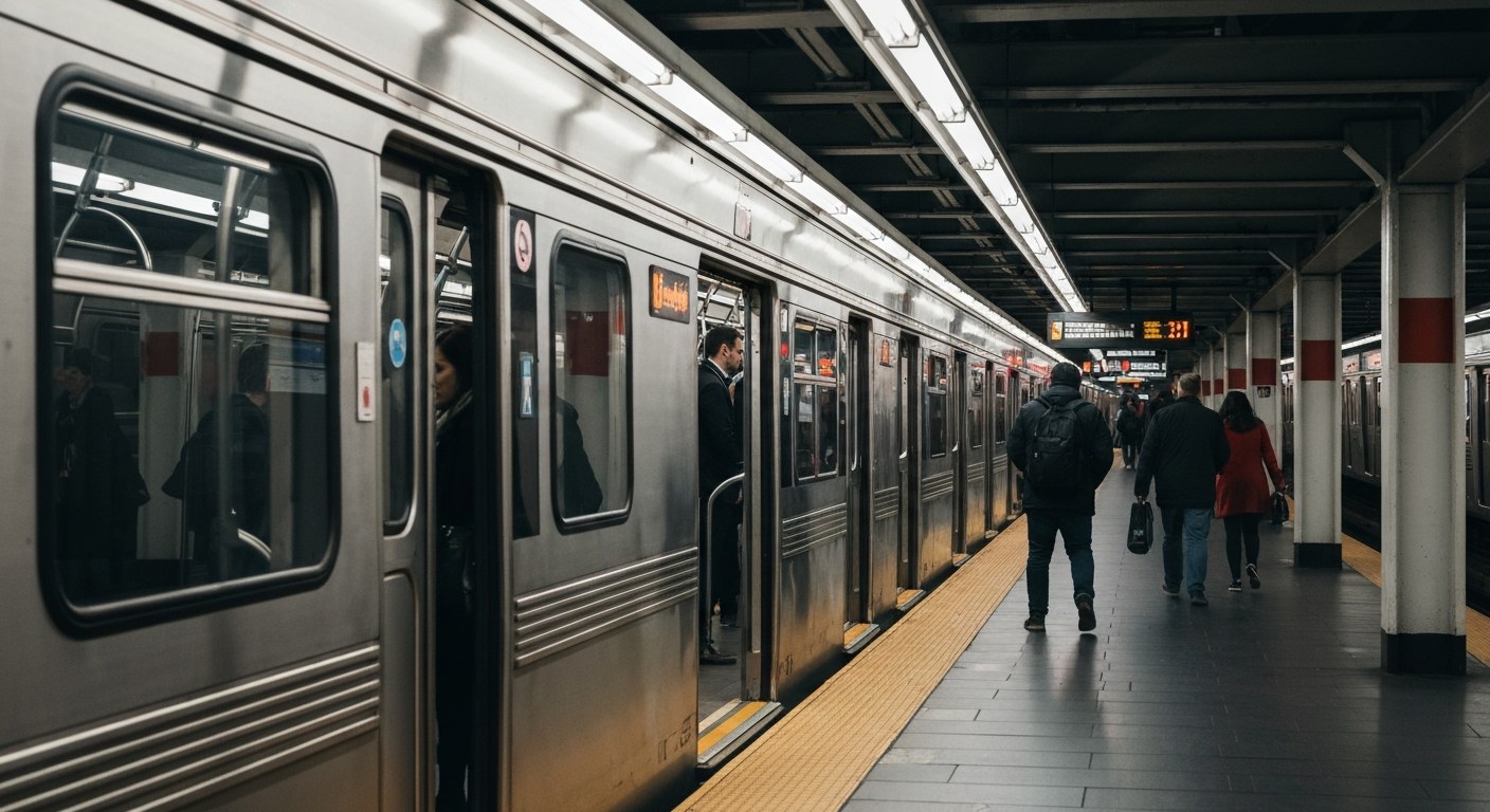 subway platform with train doors open, commuters boarding, urban station