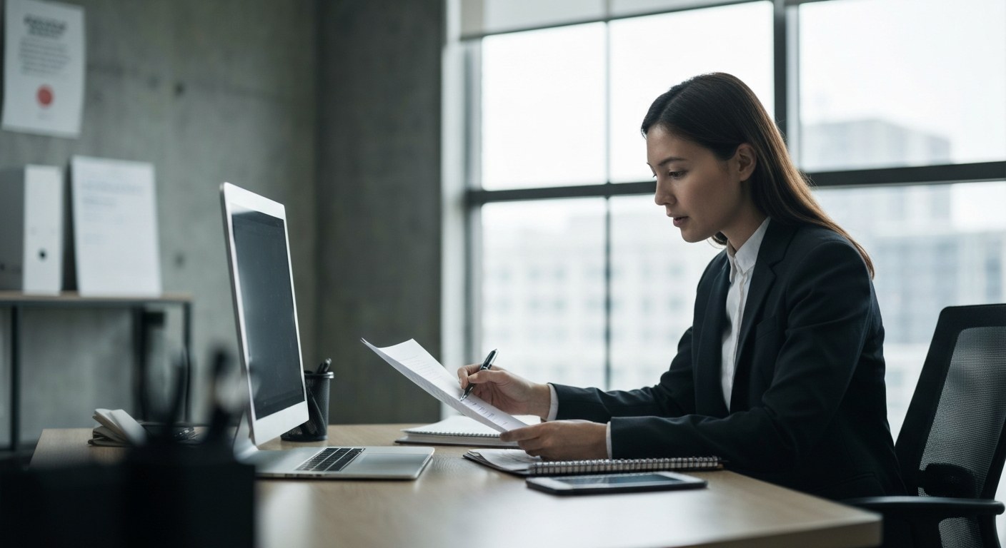 professional discussing documents with a client at a modern office desk