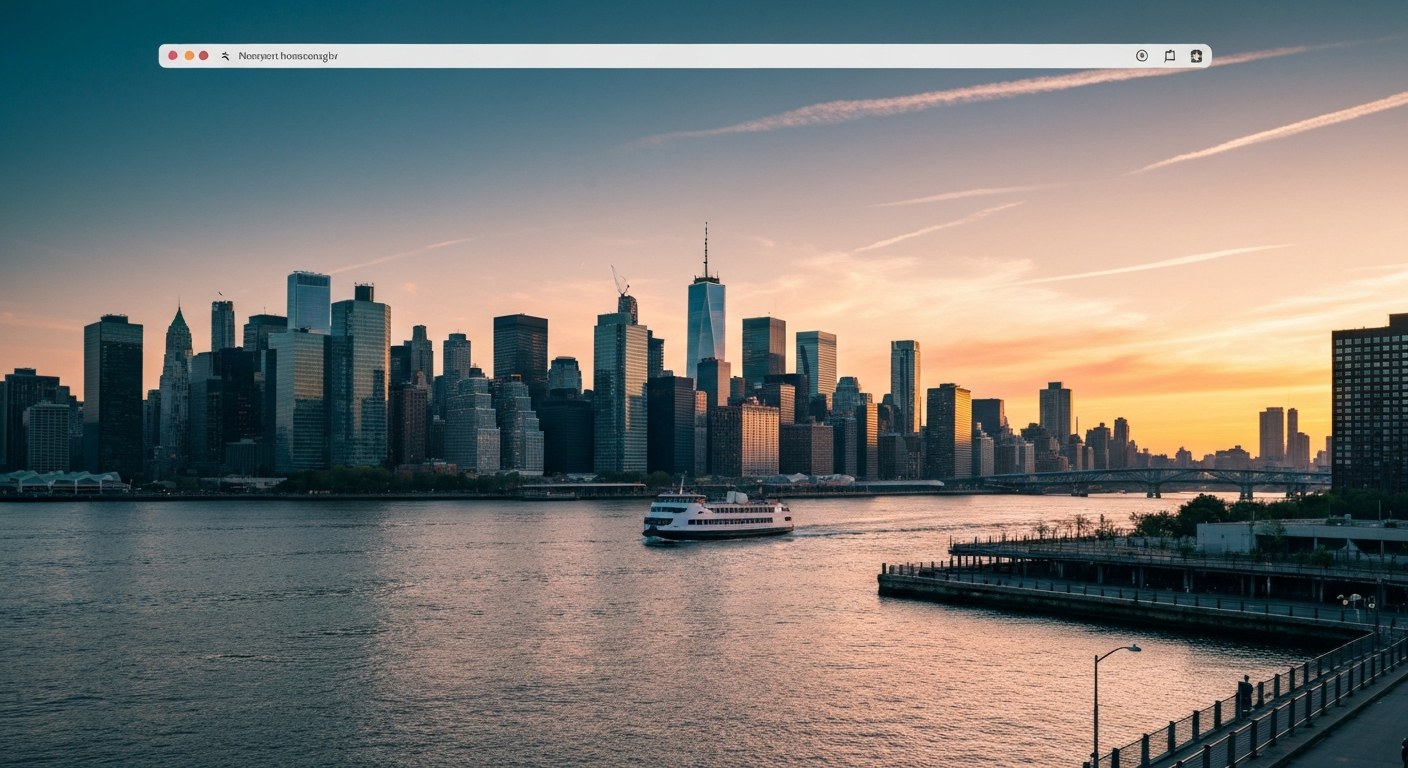 East River waterfront at sunset with Manhattan skyline and ferry, Queens side