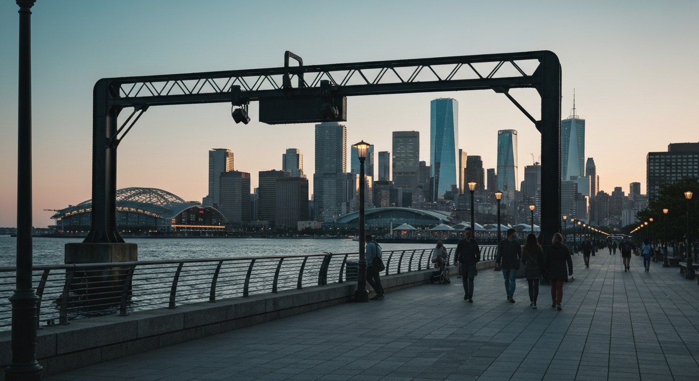 waterfront park with gantry structure and skyline view, people walking, evening