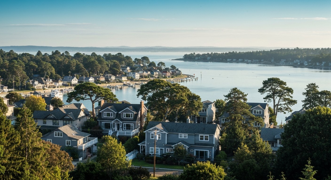 waterfront neighborhood with houses among trees overlooking a calm bay, morning