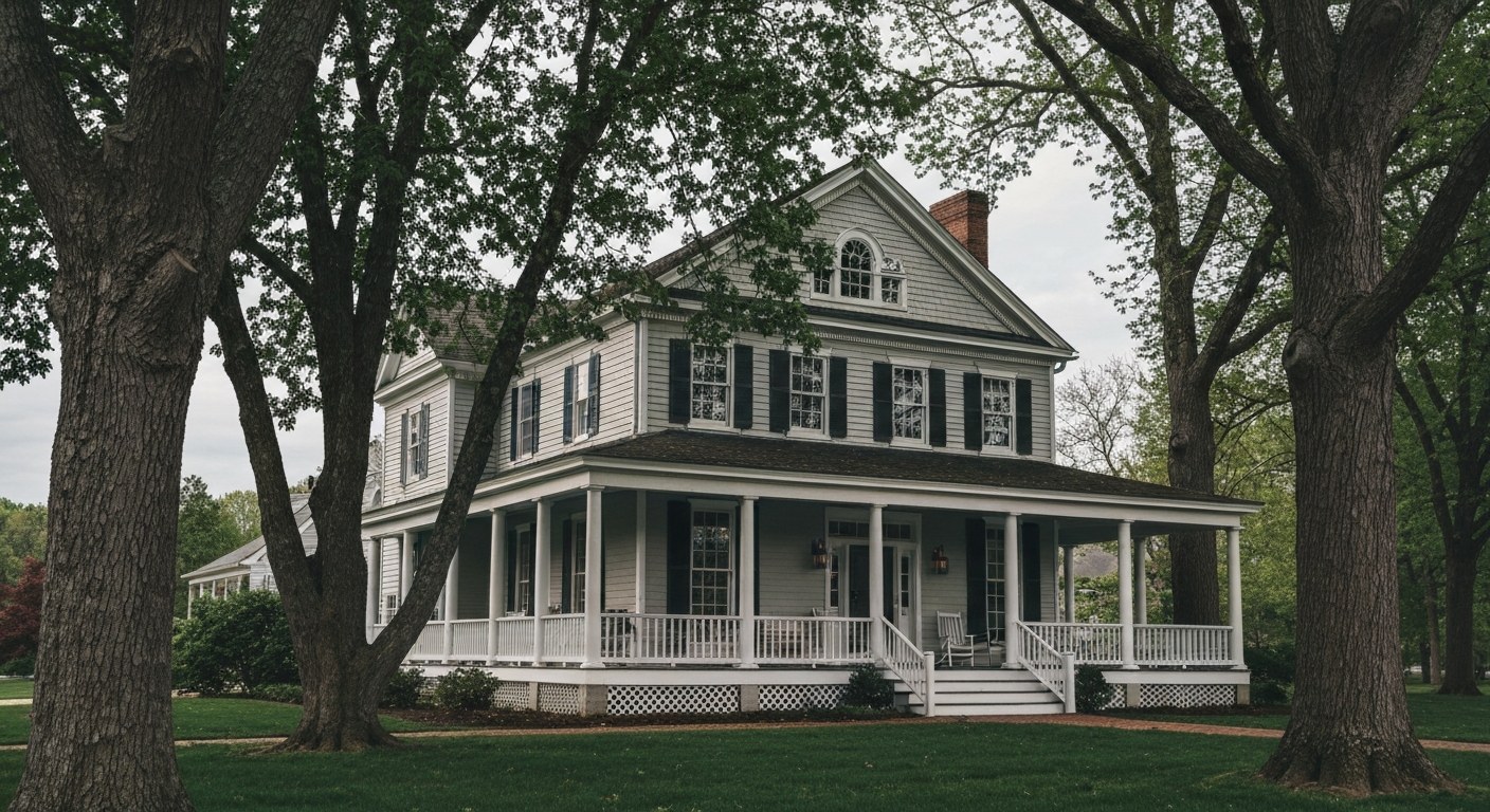 colonial revival house with a wide porch surrounded by mature trees