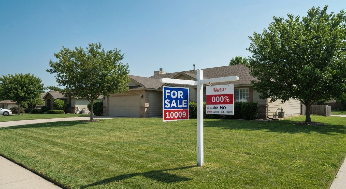 for sale sign in front of a suburban house with a green lawn, clear day