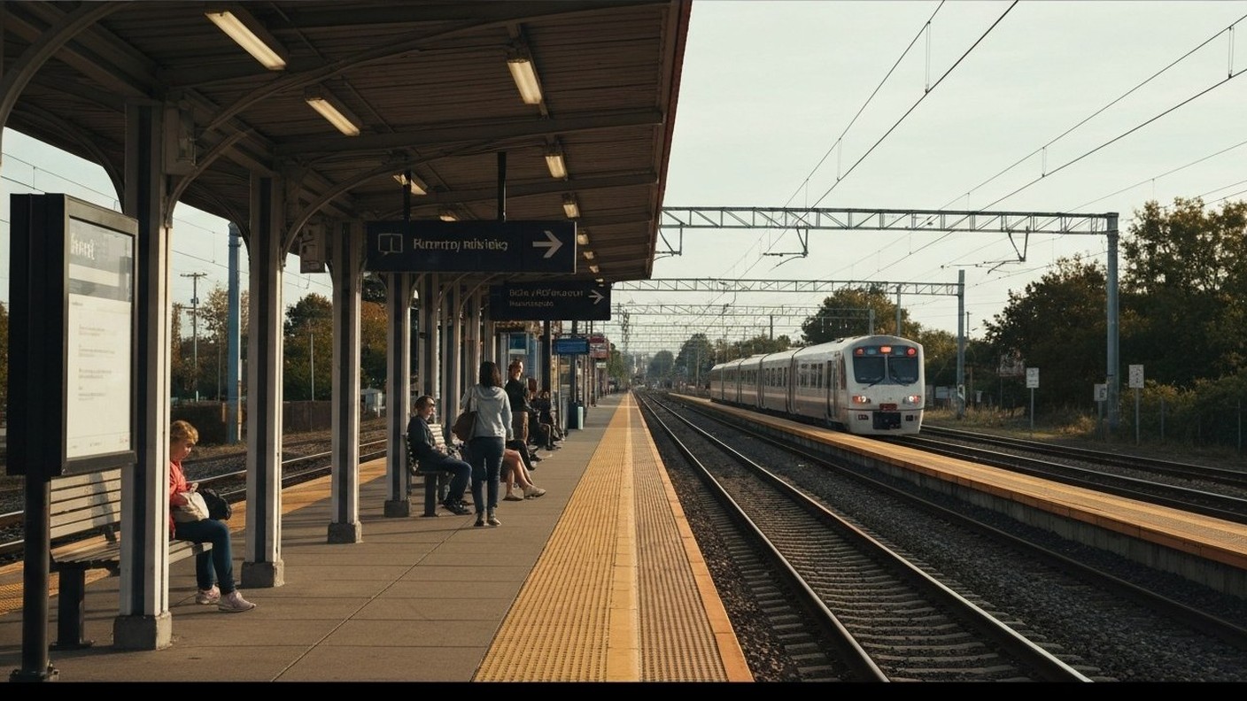 small suburban train station with a platform and waiting commuters, morning light
