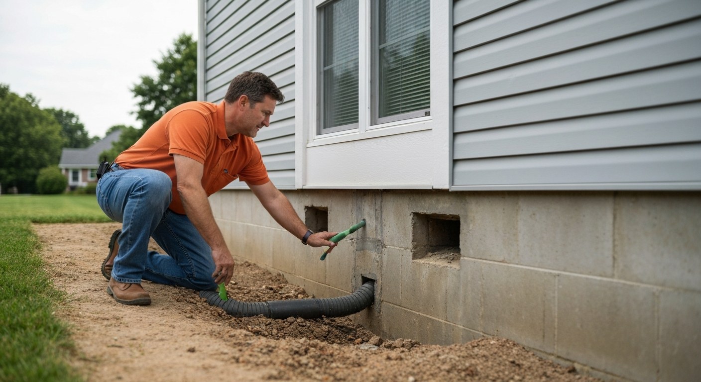 inspector checking the foundation and drainage of a house exterior