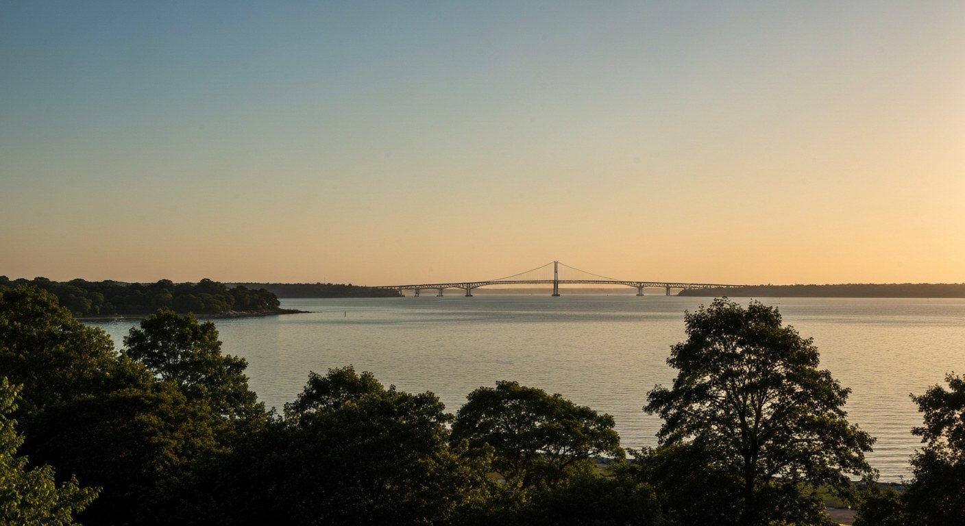 bay shoreline with trees and a distant bridge at golden hour