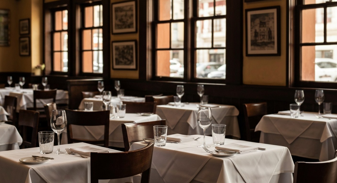 italian restaurant dining room with white tablecloths and wine glasses