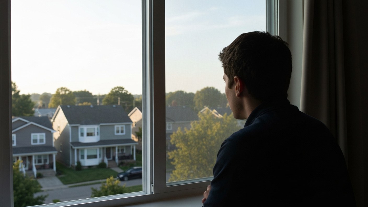 A person looking out of an apartment window at a residential neighborhood, contemplative morning sce