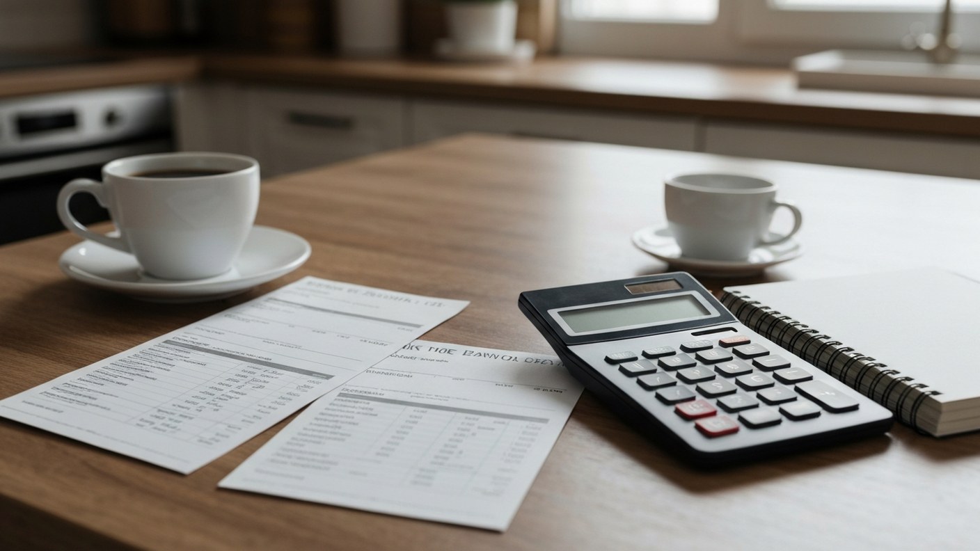 Bank statements, a calculator and a notebook on a kitchen table with coffee, household financial pla