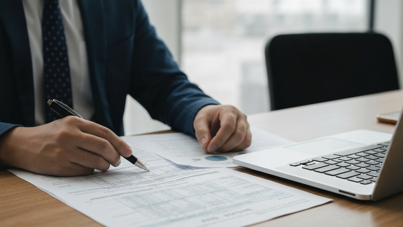 Tax forms and a laptop on a desk during tax season, organized paperwork, focused financial review at