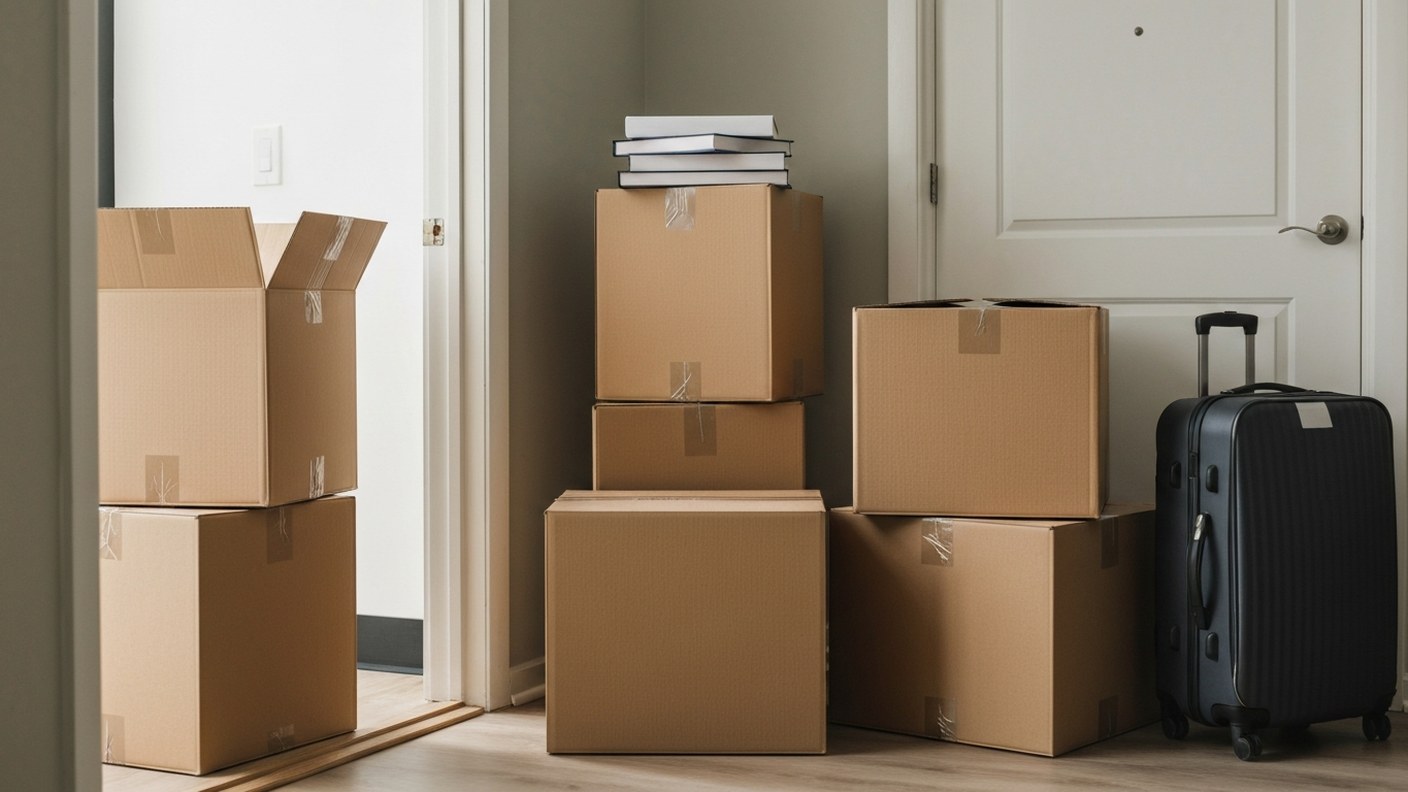 Packed moving boxes in an apartment with a suitcase by the door, transition and relocation scene, so