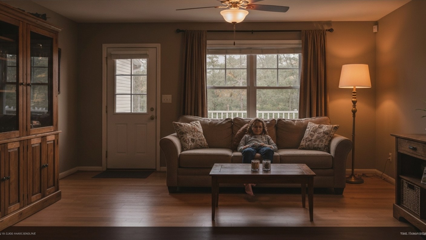 A comfortable family living room in an American home with warm evening light, settled and homey atmo