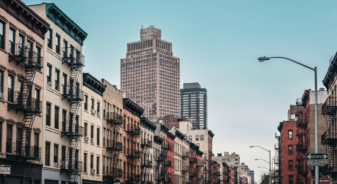 Lower East Side street with old tenement buildings and new tower behind, New York