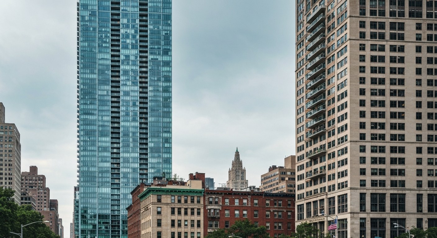 very tall glass residential tower next to low rise historic buildings, downtown New York