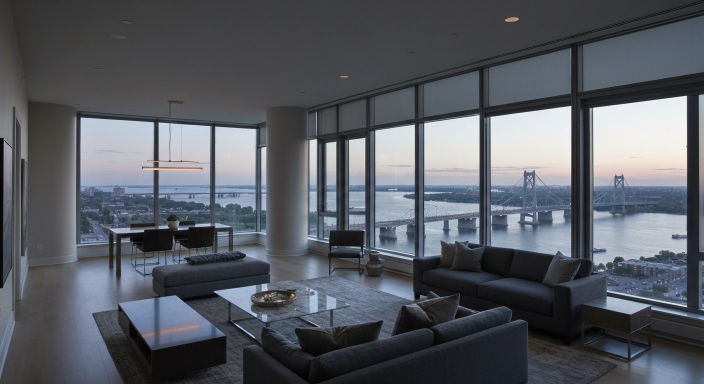 modern high floor apartment interior with river and bridge view at dusk
