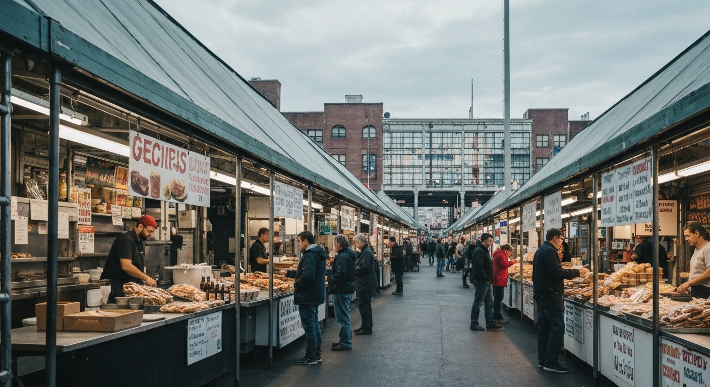covered public food market interior with stalls and shoppers, New York