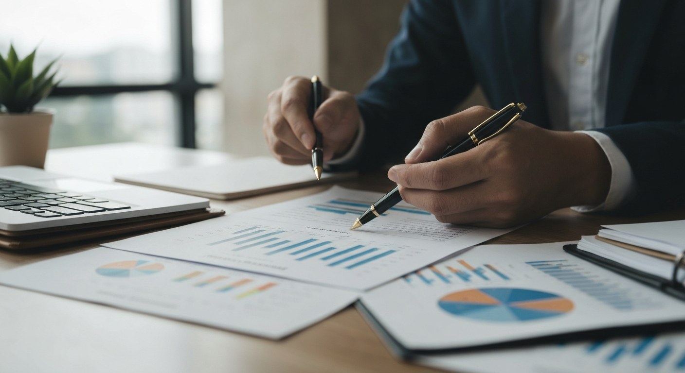 market analysis charts and property documents on a desk, professional review