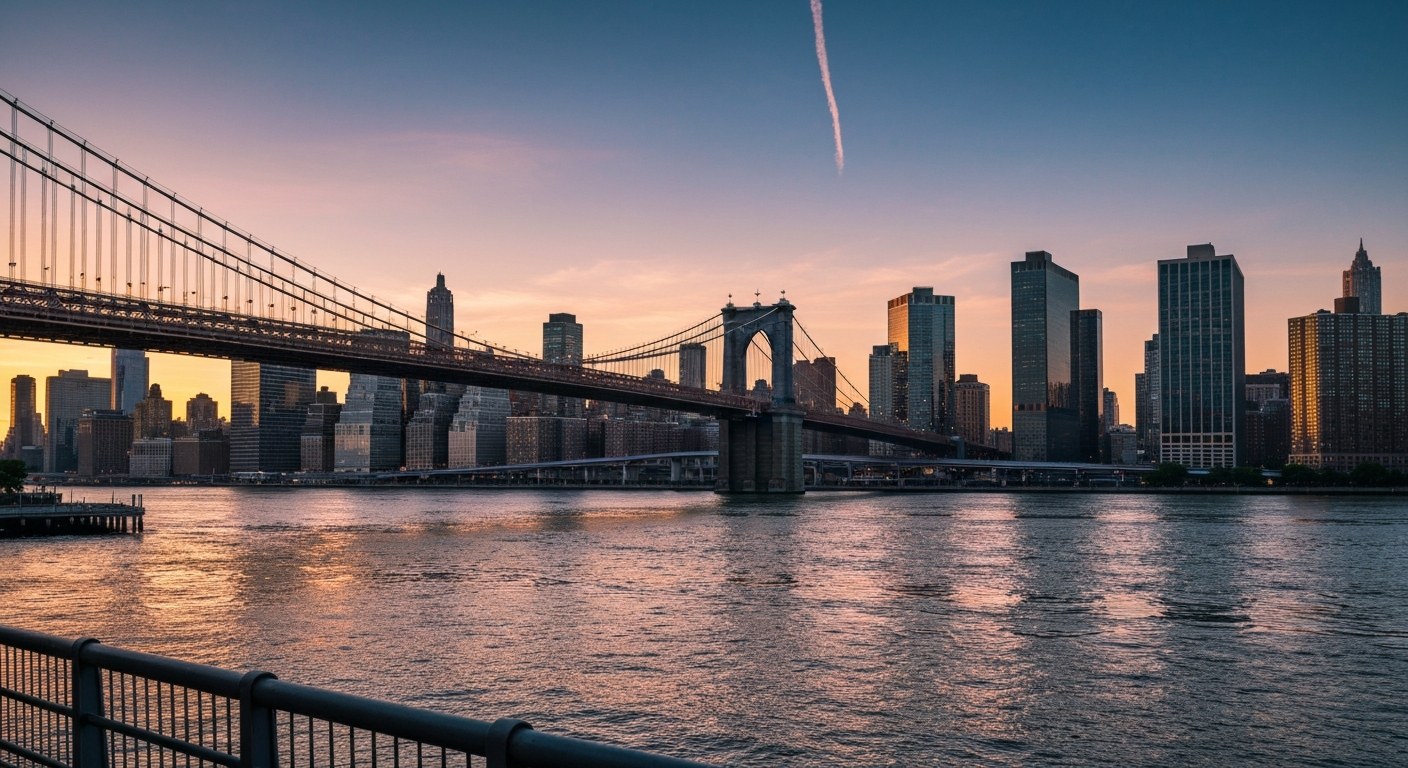 East River waterfront at sunset with bridge and Manhattan buildings