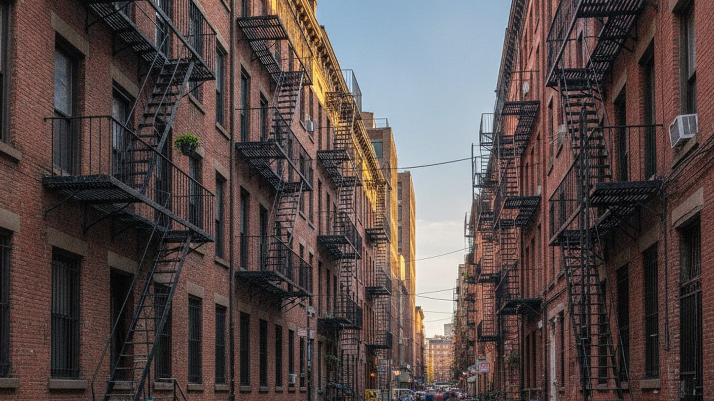 historic tenement buildings with fire escapes on Lower East Side street, afternoon light