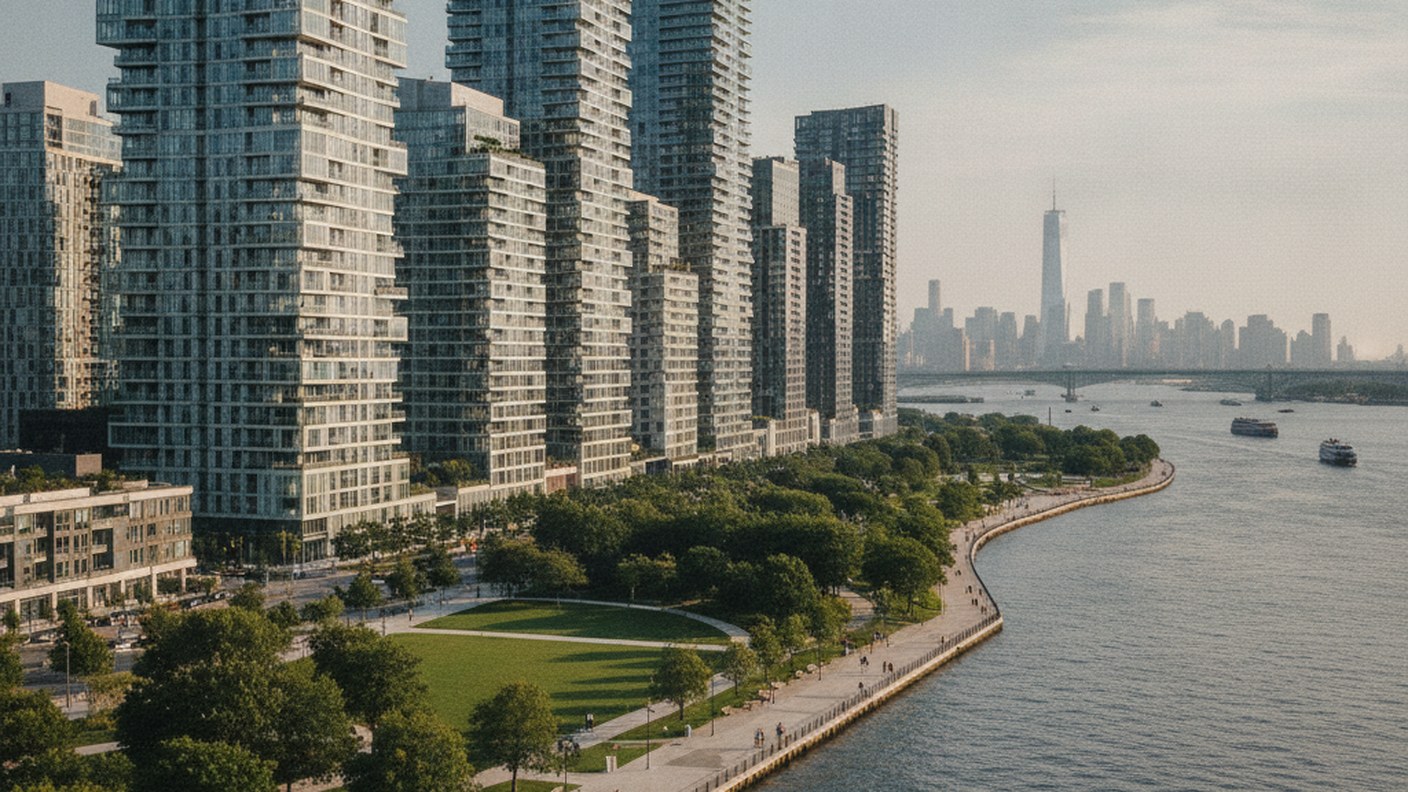 tall modern residential towers by East River waterfront with park, wide view
