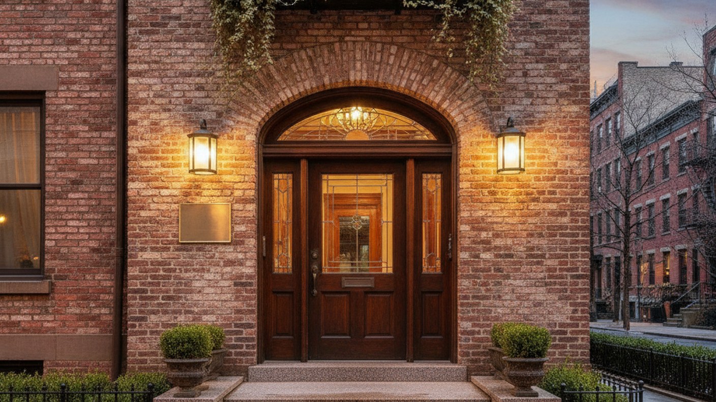 renovated walk-up apartment building entrance with brick facade, evening warm light