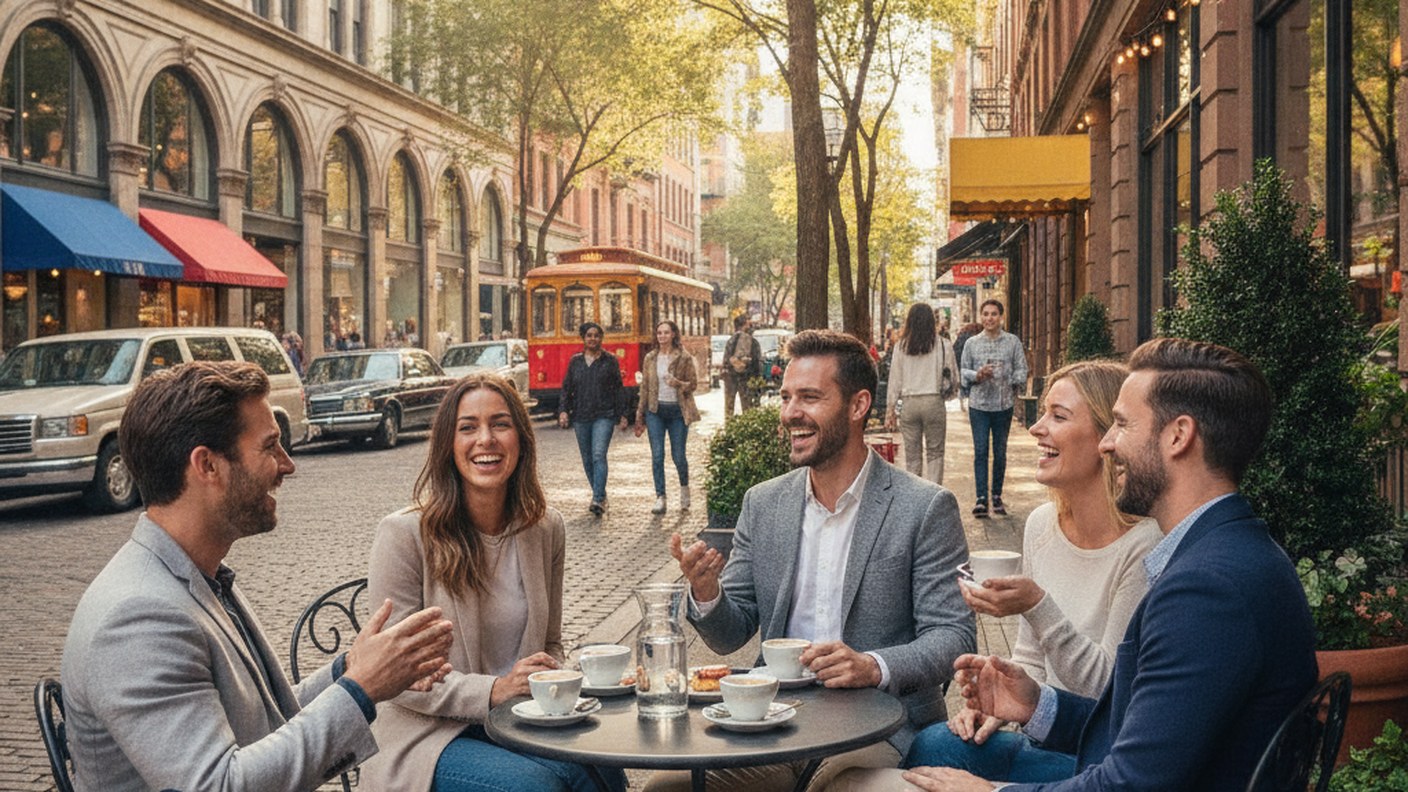young professionals at outdoor cafe on vibrant downtown street, weekend afternoon