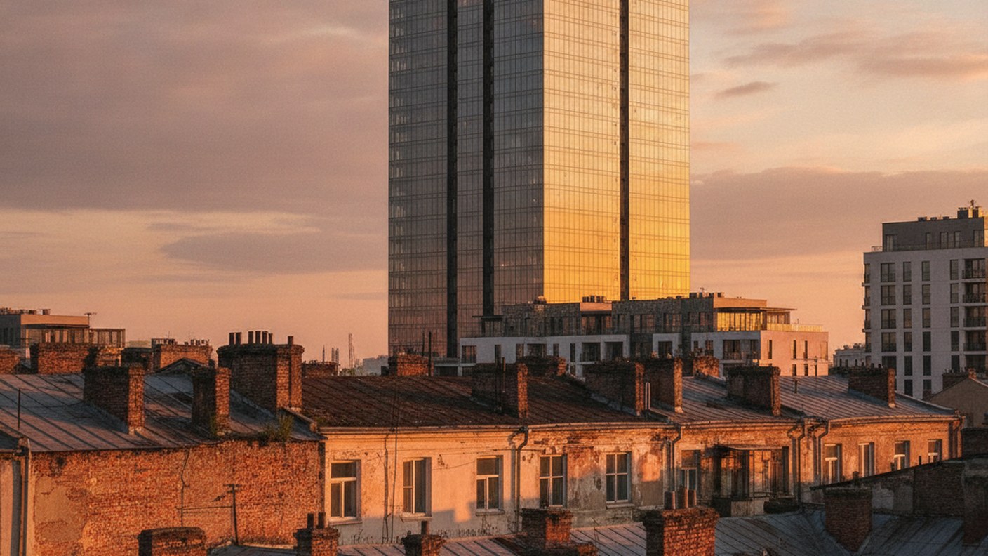 contrast of old tenement rooftops and new glass tower behind, golden hour