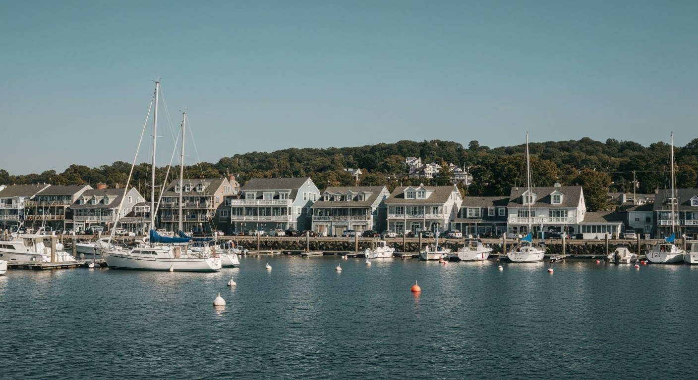 harbor town with moored boats and low rise buildings along the shore