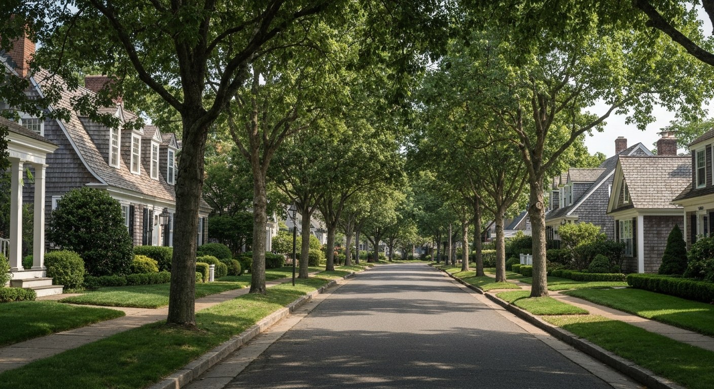 tree lined village street with shingle style homes and front gardens