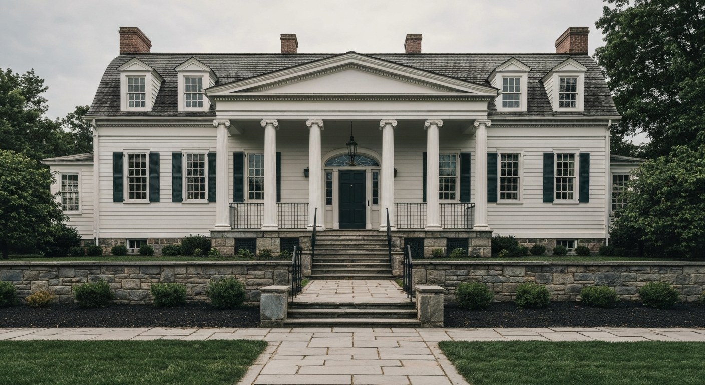 center hall colonial house with symmetrical facade and stone steps