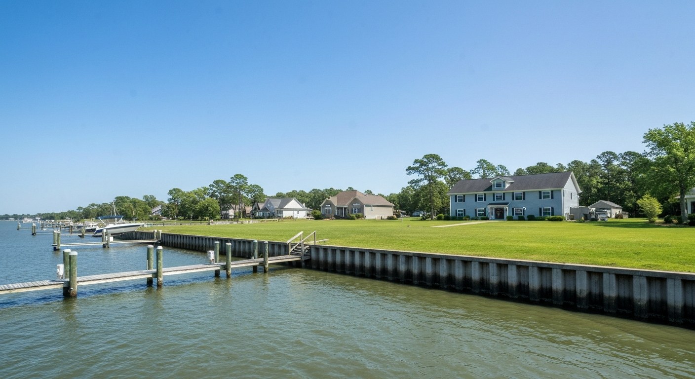 waterfront property with retaining wall and boat dock at high tide