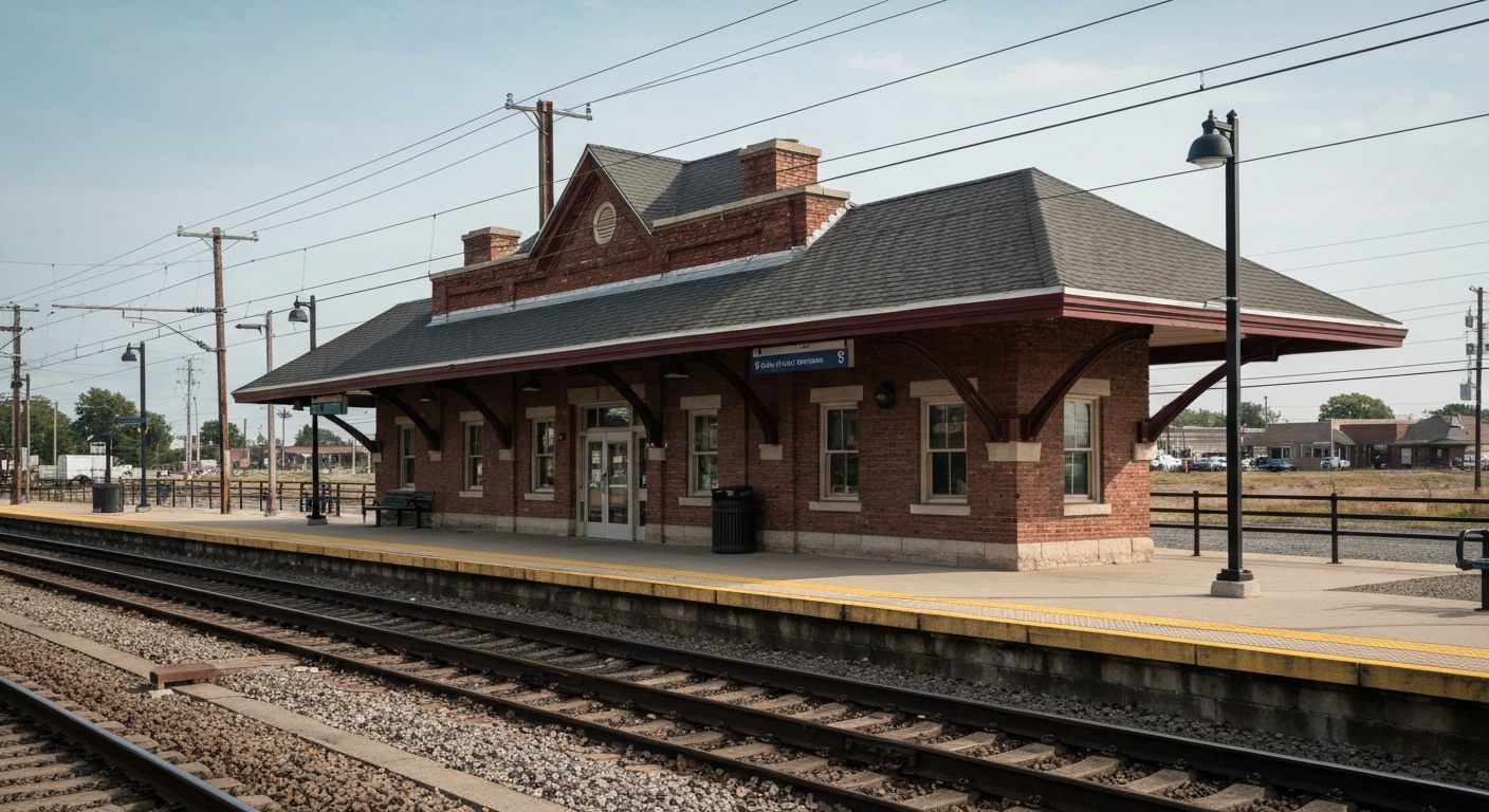 small suburban train station with brick building and platform canopy
