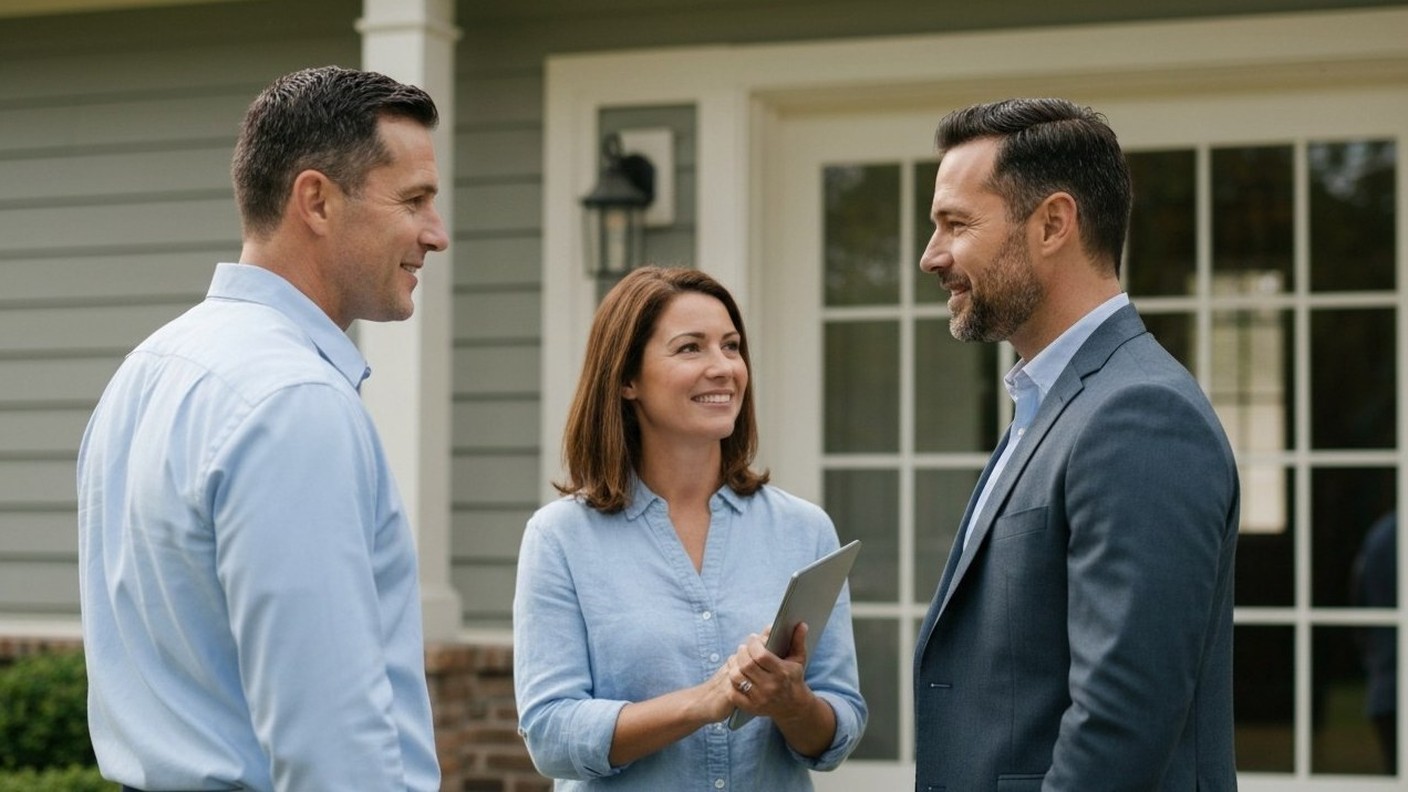 couple looking at a house exterior with a real estate agent, daytime