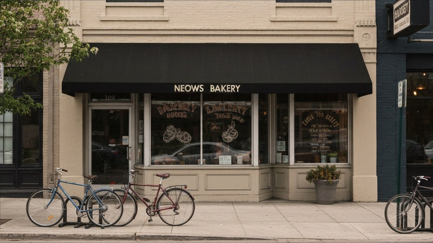 neighborhood bakery storefront with awning and bicycles parked outside