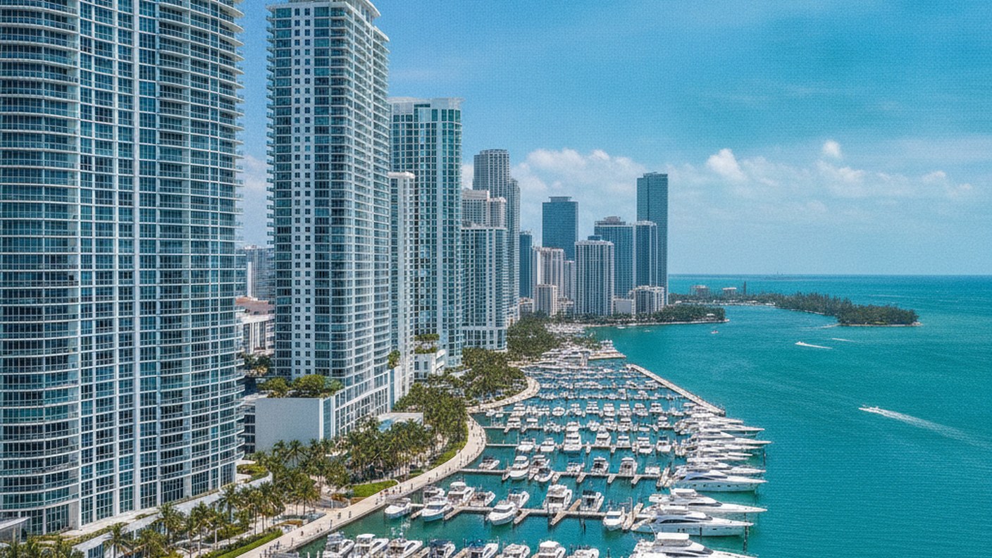 Miami skyline with waterfront condominium towers and marina, bright daylight