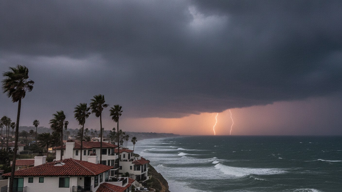 palm trees bending in strong wind over coastal residential buildings, dramatic sky